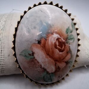 Vintage  Hand Painted Porcelain Oval Brooch Pink Floral Gold Trim